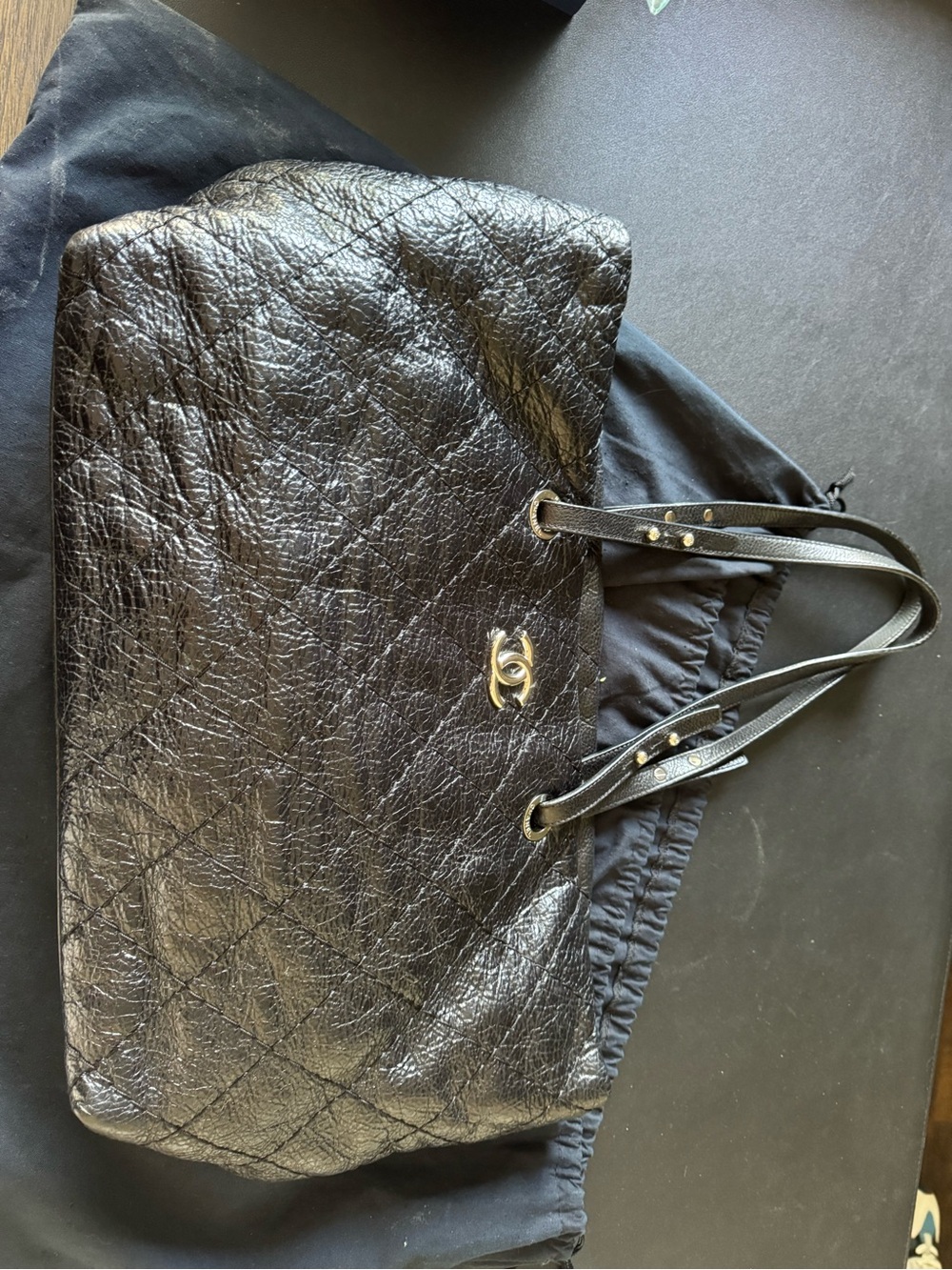 CHANEL Black Quilted Crinkled Leather Tote with Gold CC Hardware on the Road